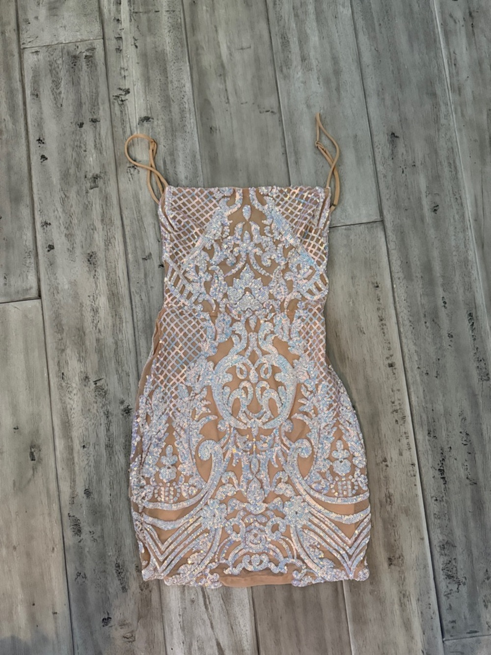 Lucy in the sky Nude Mesh Bodycon Dress with Silver Sequin Detail